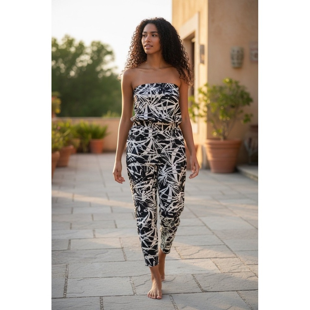 Ann Taylor LOFT Jumpsuit Womens Sz 2 Navy Ivory Abstract Strapless linen no belt